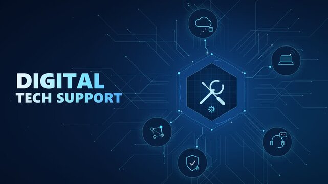 Futuristic dark blue circuit background animation for digital tech support and network solutions