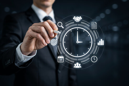 Business professional managing time with digital clock interface for productivity and schedule planning.
