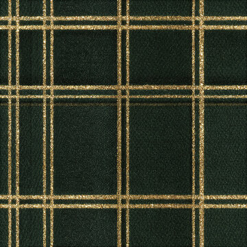 Glitter gold grid seamless pattern with thin and double lines on dark green background creating elegant texture