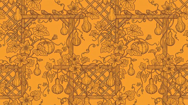 Botanical pumpkin vine and garden trellis line art pattern