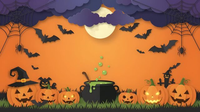 Happy Halloween banner or party invitation background with clouds, bats and pumpkins in paper cut style. Paper style illustration. Full moon in orange sky, spiders web 4k video resolution