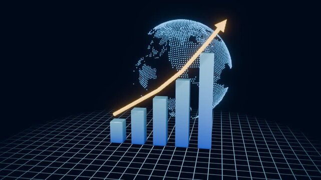 Bar chart and rising arrow in front of a dotted globe 3D animation