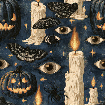 Gothic witchcraft seamless pattern with glowing candles, spooky eyes, black moths, spiders, and carved pumpkins dark blue