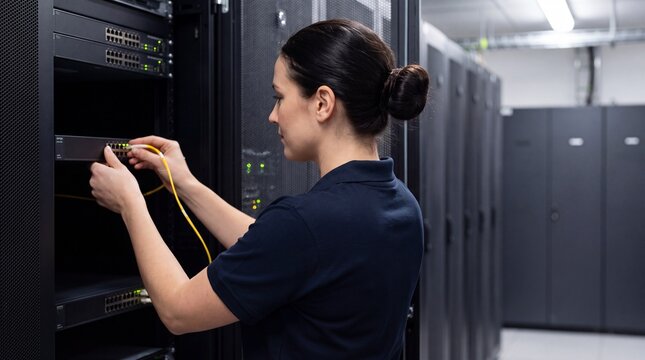 IT-Technikerin wartet Server und Switch im Rechenzentrum