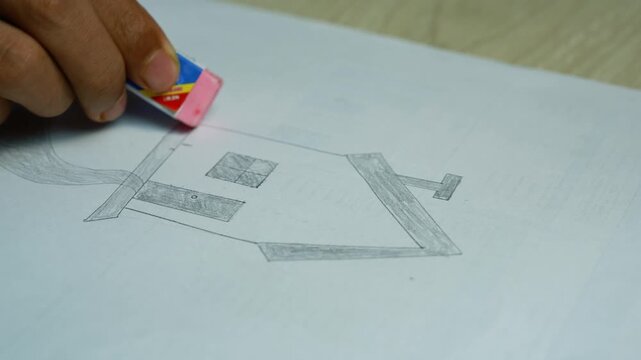 Hand erasing a pencil house sketch on paper, Close-up of a hand using a pink eraser to correct a pencil sketch of a geometric house shape on white paper.