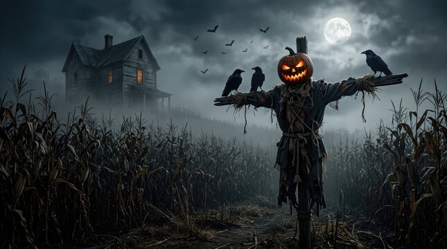 Spooky scarecrow with glowing jack o lantern head in dark cornfield during halloween night