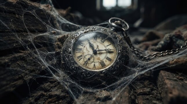 Vintage pocket watch covered in cobwebs in a dark and dusty room for halloween with vintage clock