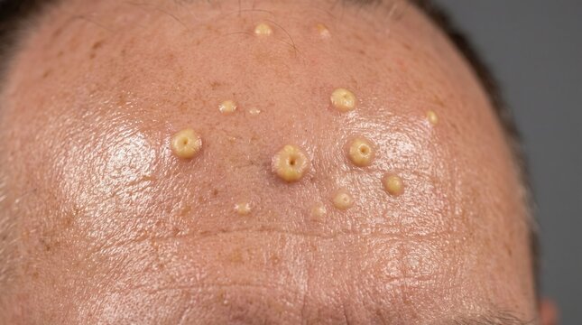 Detail of forehead with sebaceous hyperplasia or molluscum contagiosum showing yellowish umbilicated papules