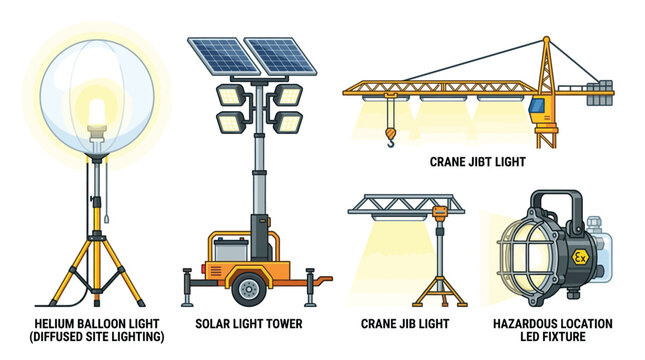 Industrial and Construction Site Lighting Equipment Set with Solar Light Tower, Helium Balloon Light, Crane Jib Light, and Hazardous Location LED Fixture