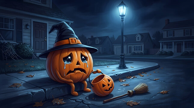 Sad pumpkin character wearing a witch hat sits on a cracked sidewalk