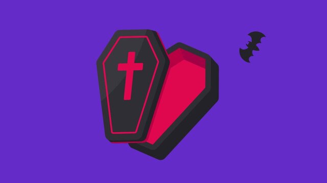 Open stylized coffin with a bright red cross and flying bat silhouette on a vibrant purple background, ideal for Halloween concepts.