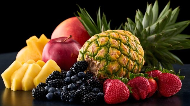 A vibrant arrangement of fresh tropical and temperate fruits including pine   s  strawberries  blackberries  and blueberries