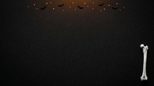 Halloween dark background photo. Features tiny bats and stars at the top with a human bone on the side. Spooky seasonal photography for holiday celebration greeting cards.