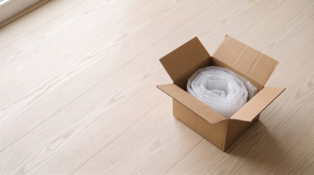 Open cardboard package with protective bubble wrap