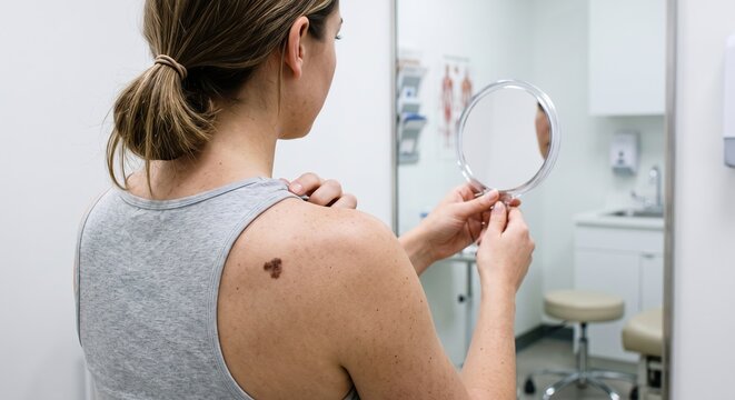 Woman Examining Dark Mole on Shoulder Blade using Hand Mirror in Medical Clinic