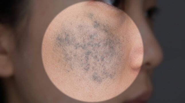 Magnified View of Facial Hyperpigmentation and Nevus of Ota on Skin