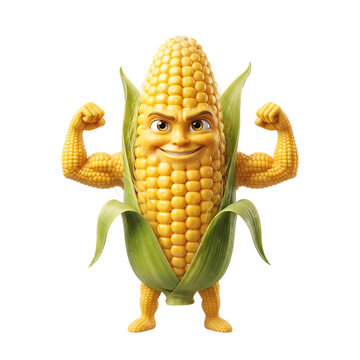 Muscular Corn Character Flexing Muscles Isolated on Transparent Background, 3D Rendered Vegetable Mascot for Healthy Food Concept