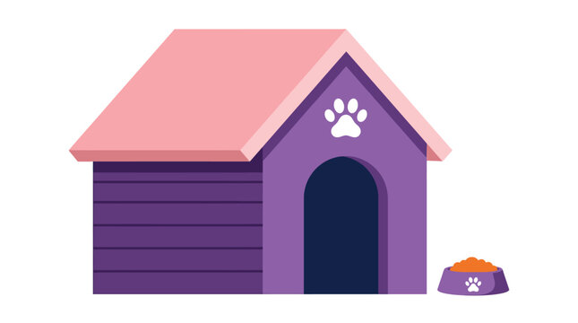 Purple wooden doghouse illustration featuring pink roof and food bowl with white paw prints