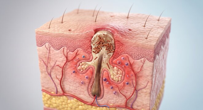 Diagram of folliculitis showing bacterial infection and inflammation inside a human hair root