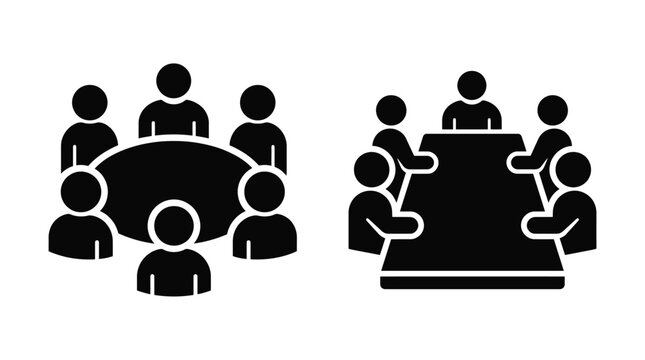 Silhouettes of people seated around a circular and rectangular table