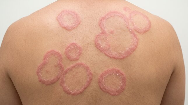 Extensive tinea corporis ringworm fungal infection with large red scaly rings on human back