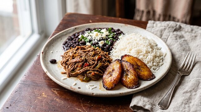 Traditional Venezuelan Pabellon Criollo Rice and Beef Plate