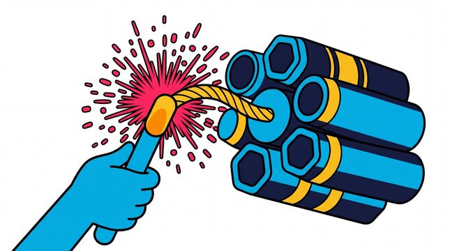 New year vektor of a hand lighting the fuse of blue firecrackers
