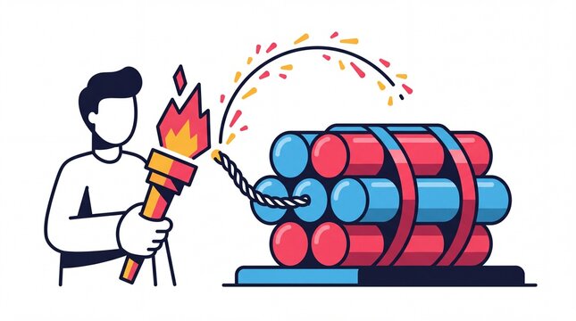 New year vektor man lighting a bundle of fireworks with a torch