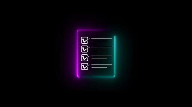 Glowing neon check list animated outline icon. Checklist line icon animation. document marking, mark icon Animated PDF file icon with neon line effect 4k HD