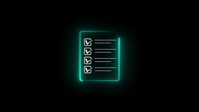 Glowing neon check list animated outline icon. Checklist line icon animation. document marking, mark icon Animated PDF file icon with neon line effect 4k HD