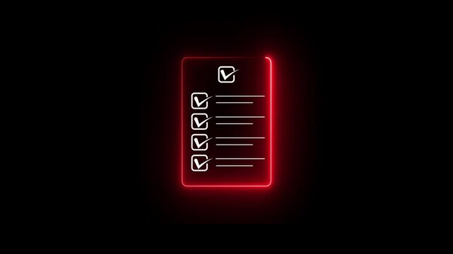 Glowing neon check list animated outline icon. Checklist line icon animation. document marking, mark icon Animated PDF file icon with neon line effect 4k HD