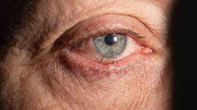 Extreme close-up of senior eye with entropion and inward growing eyelashes causing conjunctival irritation