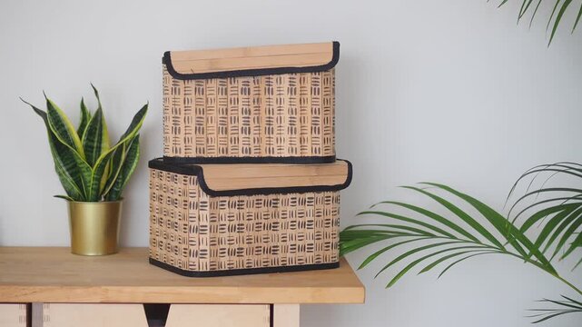 Two natural bamboo storage boxes with lids stacked on wooden shelf with plants.