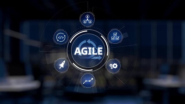 A futuristic robot hand interacts with a sleek digital interface, emphasizing agile methodology within a modern workspace, representing innovation and technology. Synapse