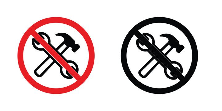 Do not repair or maintenance allowed sign with crossed out hammer and wrench tool icon set