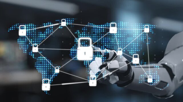 A robotic hand engages with a digital map showing interconnected locks and security symbols, highlighting themes of cybersecurity, technology, and innovation in data protection. Salient