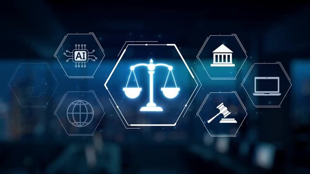 A robotic arm interacts with various icons representing law and technology, highlighting the integration of artificial intelligence within the legal sector for a modern approach. Synapse