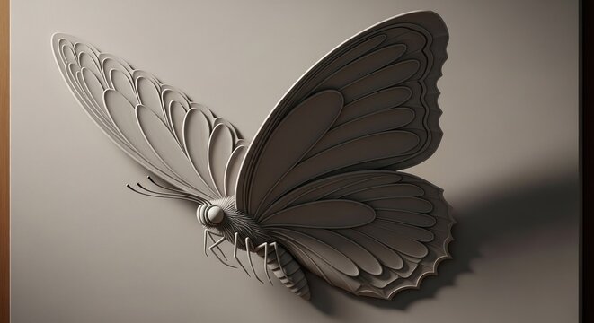 Artistic butterfly sculpture with detailed wing structure on plain surface