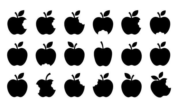 Apple silhouette icon collection with bite marks black fruit shapes isolated on white vector