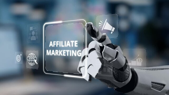 A robotic hand engages with a digital display, showcasing key elements of affiliate marketing. symbolizes the fusion of technology and modern business practices. Salient