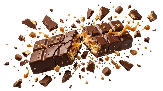 Broken milk chocolate bar with liquid caramel center and crunchy biscuit layer exploding into pieces with flying crumbs and sauce droplets isolated on a white background.