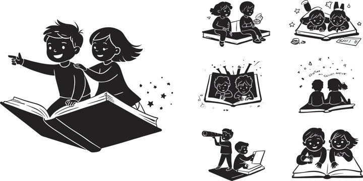 Set of black silhouette illustrations of children reading books and using imagination on a white background