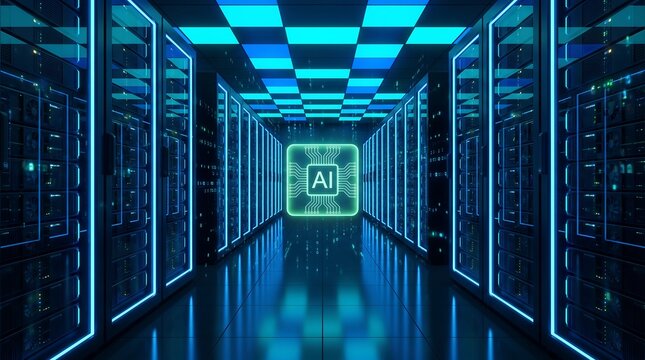 Glowing artificial intelligence microchip floating in center of modern high-tech server room aisle with blue light trails and data processing visualization background