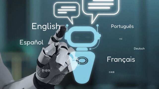 A futuristic robot showcasing multilingual communication through vibrant speech bubbles, symbolizing innovation and interaction in AI technology. Perfect for digital media themes. Salient