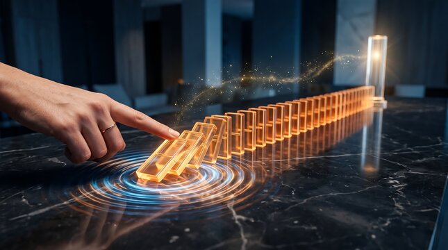 Hand pushing golden dominoes on a dark marble surface with a glowing light trail representing successful strategic planning and cause and effect business growth