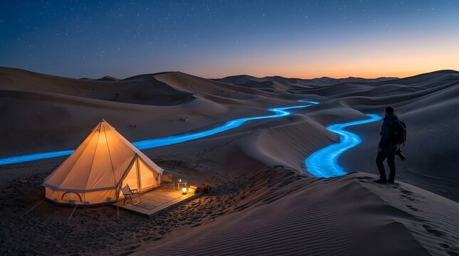 Photographer camping in desert with glowing blue sand dunes at night