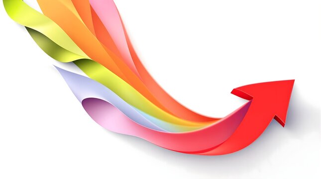 3D paper style rainbow ribbons curling and sweeping down into a red upward arrow, concept of financial growth, recovery, rising profit, investment success and positive business momentum