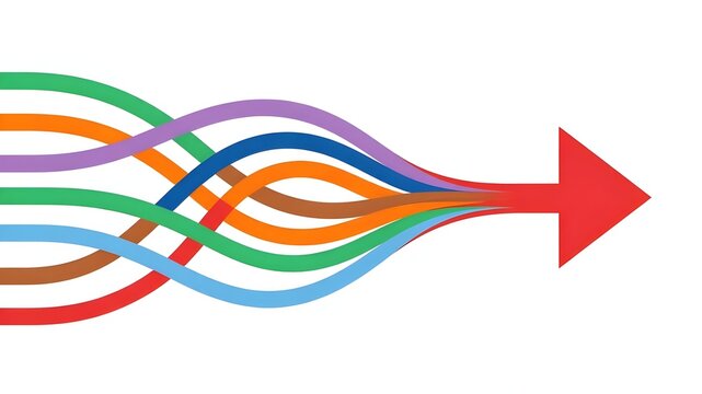 Green, orange, purple, blue, brown and sky blue ribbons blending into a fading red arrow, smooth gradient merge illustrating cooperation, diversity, harmony, partnership and shared goals