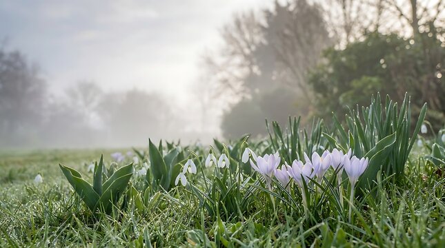 Beautiful purple crocus flowers blooming in a misty green meadow during a peaceful early spring morning
