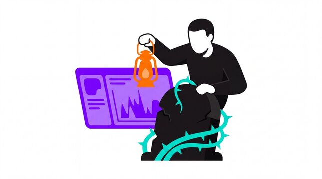 Karakter halloween vektor memegang lentera dekat batu nisan tua